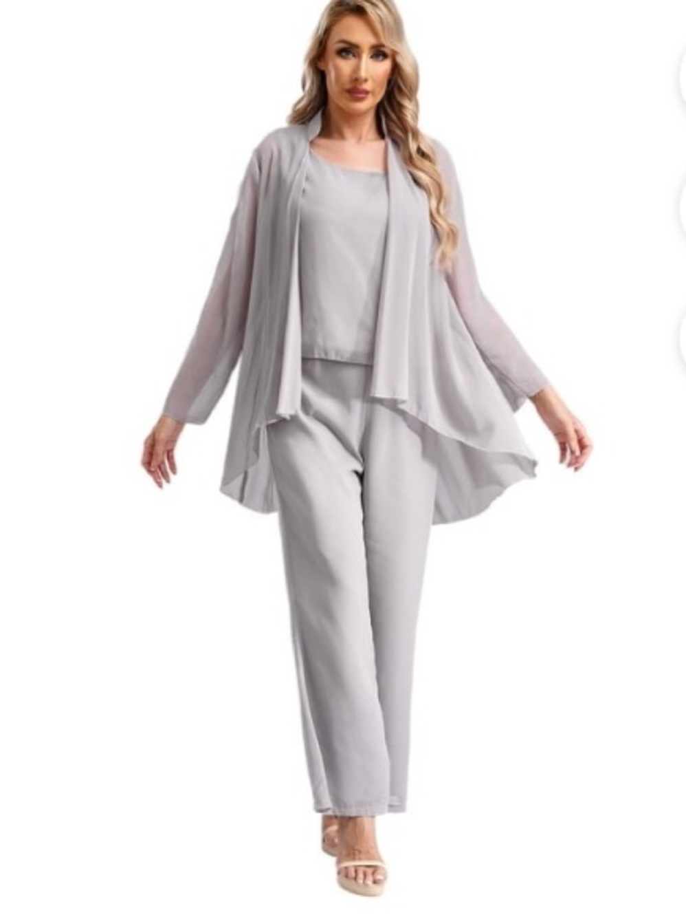 New 3 piece  Light Gray Straight-Leg pant set  with Sheer Duster